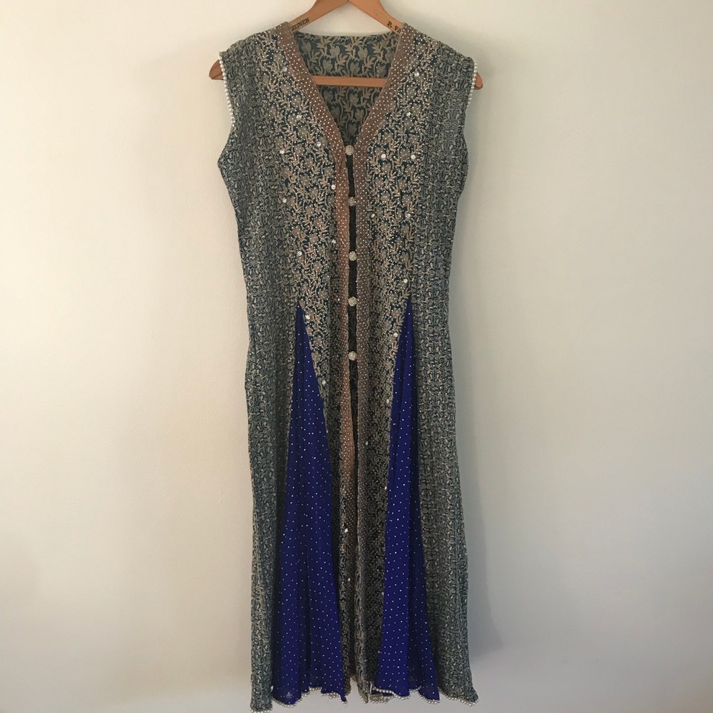 Indian Pakistani Dress Green and Blue with Pearls